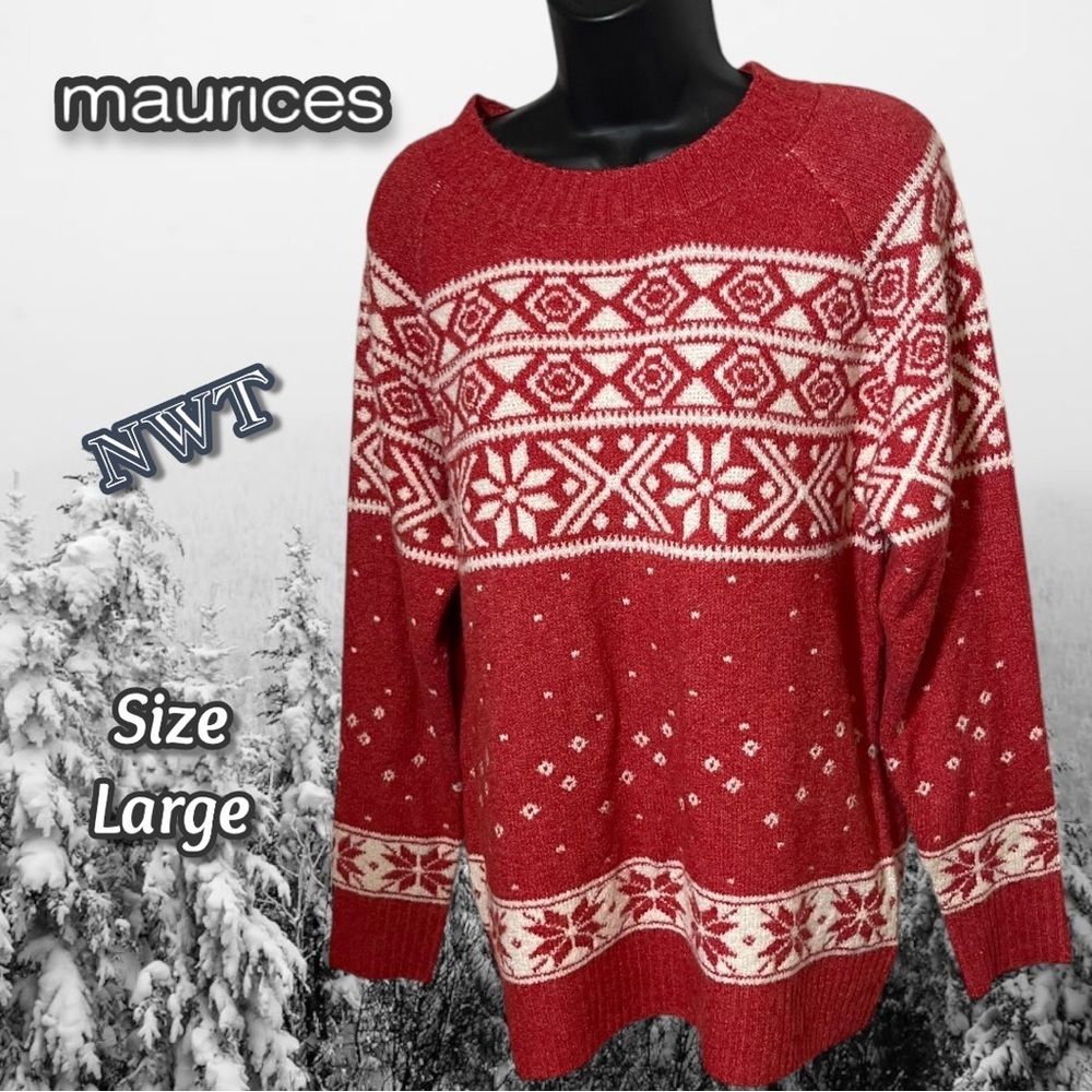 maurices Women's Fair Isle Crew Neck Sweater Size Large Red / White NWT